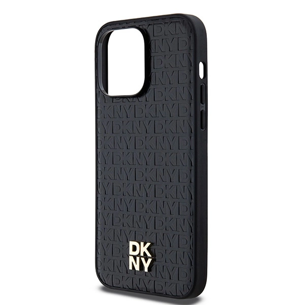 DKNY Leather Monogram Pattern Metal Logo MagSafe Case for iPhone 14 Pro Max - Blackeng