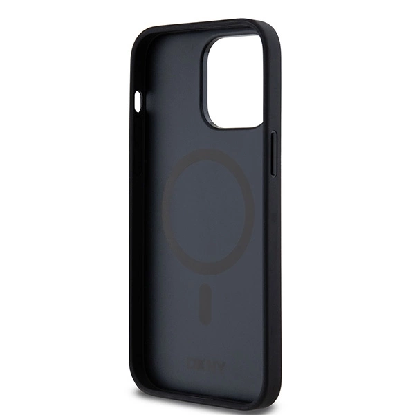 DKNY Leather Monogram Pattern Metal Logo MagSafe Case for iPhone 14 Pro Max - Blackeng