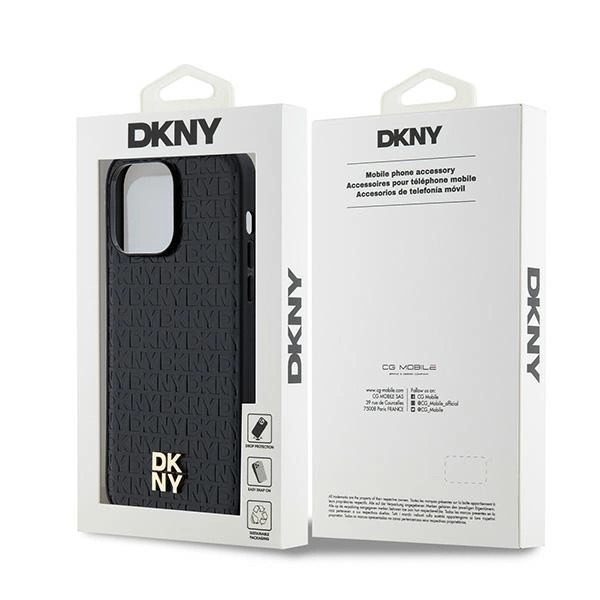 DKNY Leather Monogram Pattern Metal Logo MagSafe Case for iPhone 14 Pro Max - Blackeng