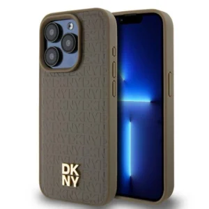 DKNY Leather Pattern Metal Logo MagSafe case for iPhone 14 Pro Max - browneng