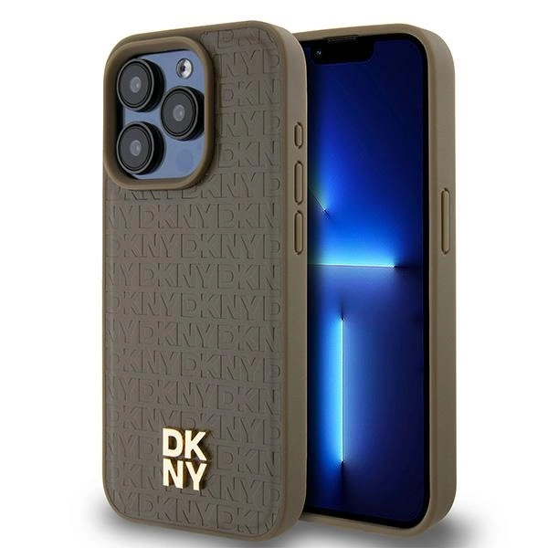 DKNY Leather Pattern Metal Logo MagSafe case for iPhone 14 Pro Max - browneng