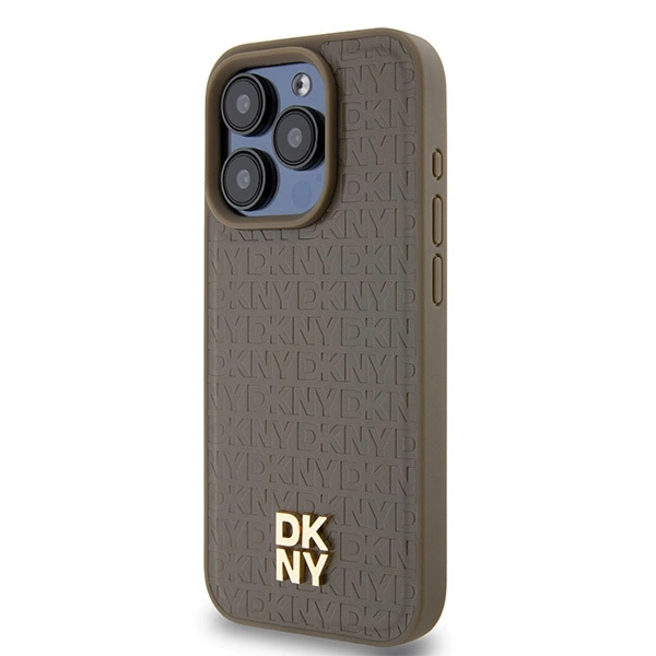DKNY Leather Pattern Metal Logo MagSafe case for iPhone 14 Pro Max - browneng