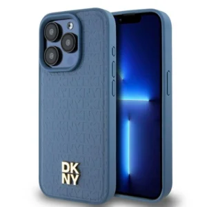 DKNY Leather Monogram Pattern Metal Logo MagSafe Case for iPhone 15 Pro - Blueeng