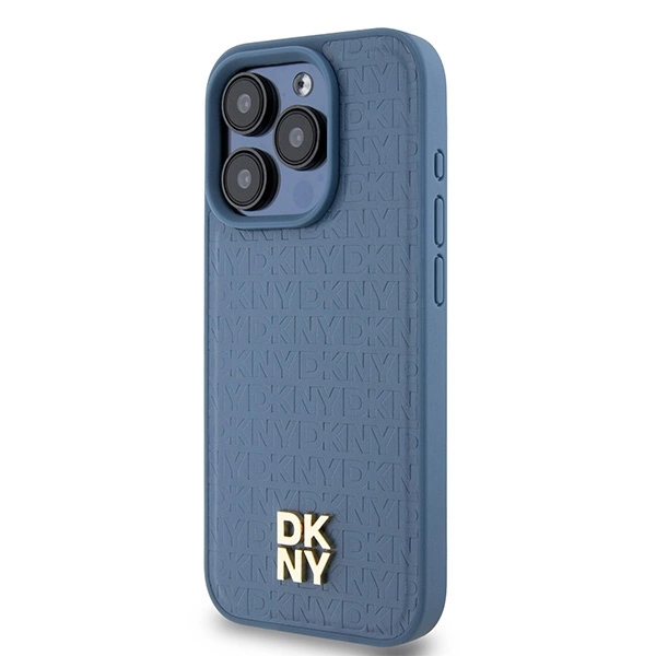 DKNY Leather Monogram Pattern Metal Logo MagSafe Case for iPhone 15 Pro - Blueeng