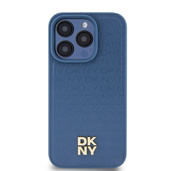 DKNY Leather Monogram Pattern Metal Logo MagSafe Case for iPhone 15 Pro - Blueeng