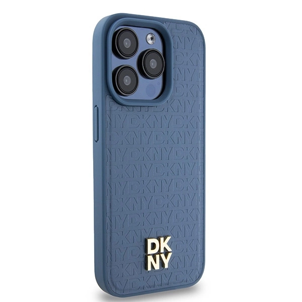 DKNY Leather Monogram Pattern Metal Logo MagSafe Case for iPhone 15 Pro - Blueeng