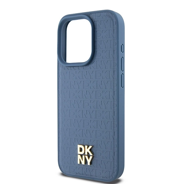 DKNY Leather Monogram Pattern Metal Logo MagSafe Case for iPhone 15 Pro - Blueeng
