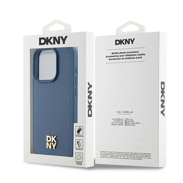 DKNY Leather Monogram Pattern Metal Logo MagSafe Case for iPhone 15 Pro - Blueeng