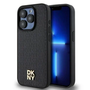 DKNY Leather Monogram Pattern Metal Logo MagSafe Case for iPhone 15 Pro - Blackeng