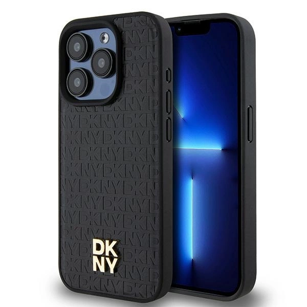 DKNY Leather Monogram Pattern Metal Logo MagSafe Case for iPhone 15 Pro - Blackeng