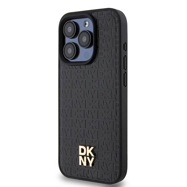 DKNY Leather Monogram Pattern Metal Logo MagSafe Case for iPhone 15 Pro - Blackeng