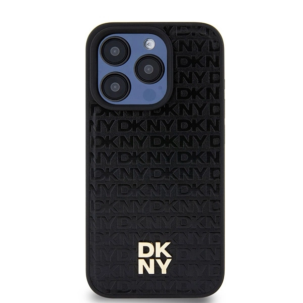 DKNY Leather Monogram Pattern Metal Logo MagSafe Case for iPhone 15 Pro - Blackeng