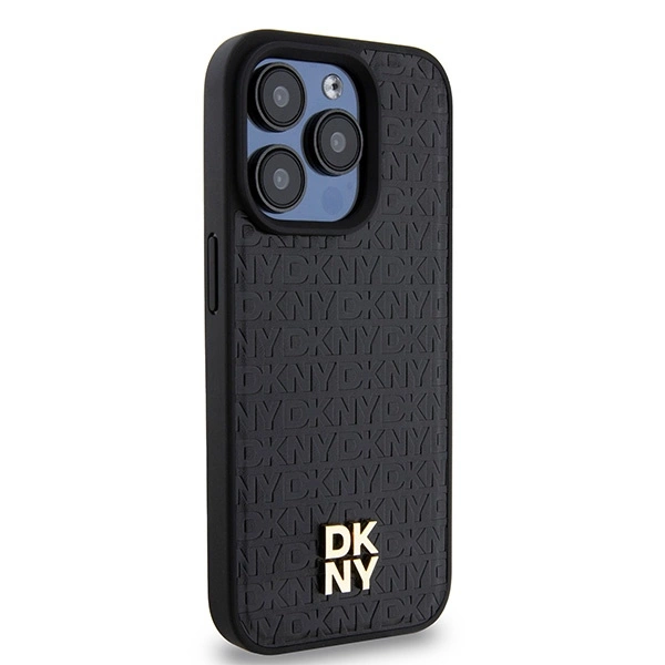 DKNY Leather Monogram Pattern Metal Logo MagSafe Case for iPhone 15 Pro - Blackeng