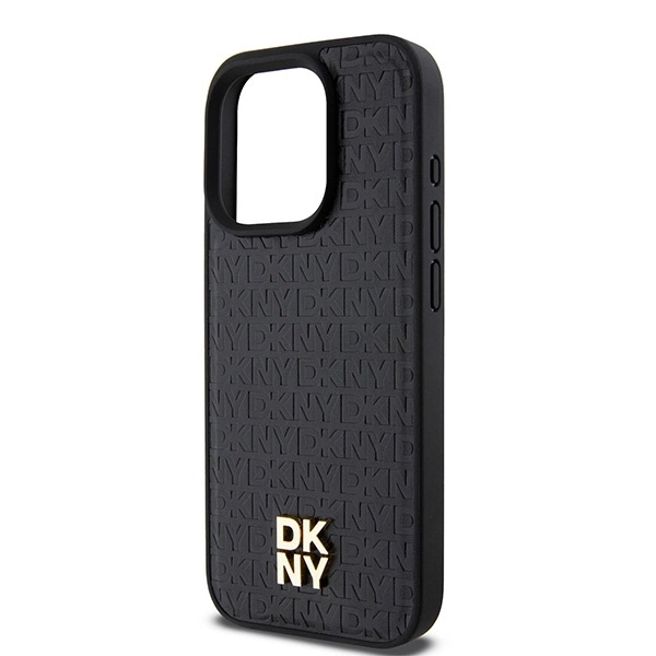 DKNY Leather Monogram Pattern Metal Logo MagSafe Case for iPhone 15 Pro - Blackeng