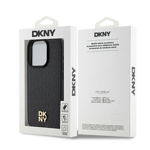DKNY Leather Monogram Pattern Metal Logo MagSafe Case for iPhone 15 Pro - Blackeng