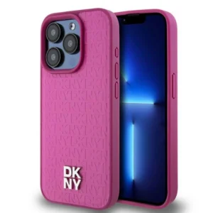 DKNY Leather Monogram Pattern Metal Logo MagSafe Case for iPhone 15 Pro - Pinkeng