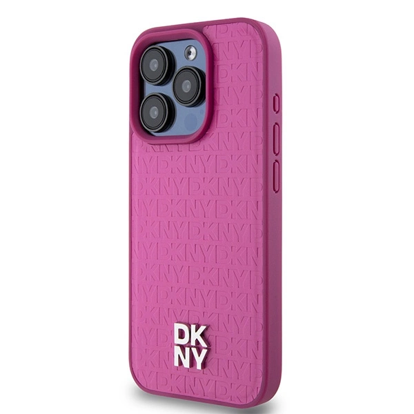 DKNY Leather Monogram Pattern Metal Logo MagSafe Case for iPhone 15 Pro - Pinkeng