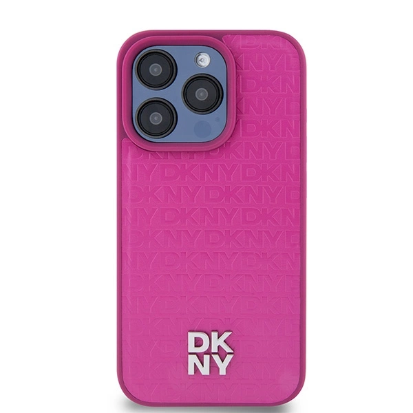 DKNY Leather Monogram Pattern Metal Logo MagSafe Case for iPhone 15 Pro - Pinkeng