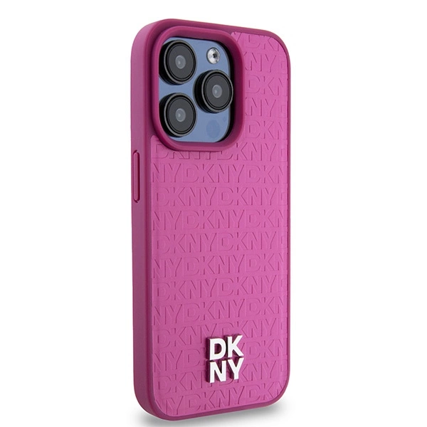 DKNY Leather Monogram Pattern Metal Logo MagSafe Case for iPhone 15 Pro - Pinkeng