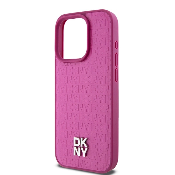 DKNY Leather Monogram Pattern Metal Logo MagSafe Case for iPhone 15 Pro - Pinkeng