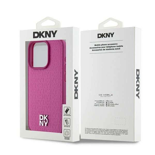 DKNY Leather Monogram Pattern Metal Logo MagSafe Case for iPhone 15 Pro - Pinkeng