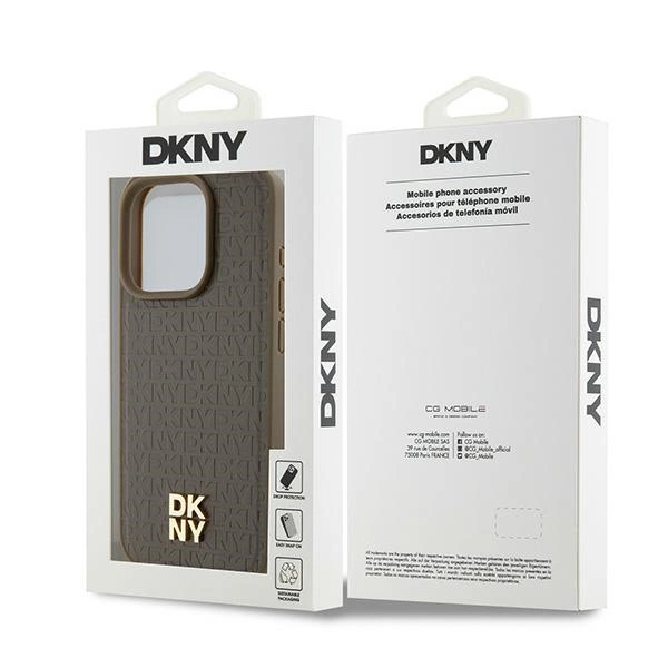 DKNY Leather Monogram Pattern Metal Logo MagSafe Case for iPhone 15 Pro - Browneng