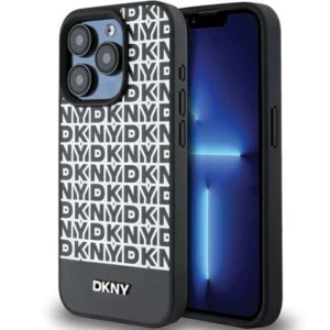 DKNY Leather Printed Pattern Metal Logo MagSafe Case for iPhone 15 Pro - Blackeng