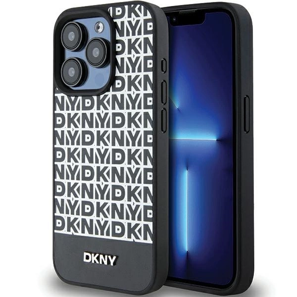 DKNY Leather Printed Pattern Metal Logo MagSafe Case for iPhone 15 Pro - Blackeng