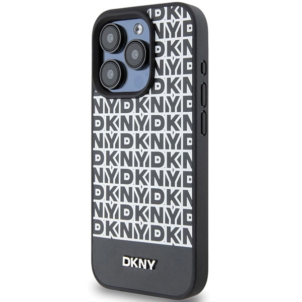 DKNY Leather Printed Pattern Metal Logo MagSafe Case for iPhone 15 Pro - Blackeng