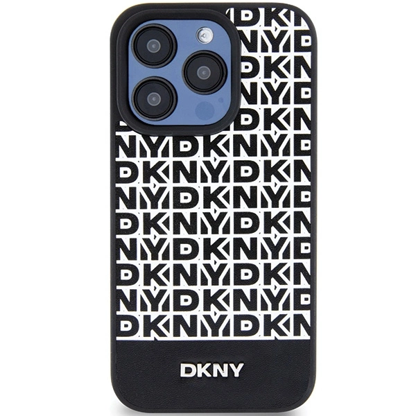 DKNY Leather Printed Pattern Metal Logo MagSafe Case for iPhone 15 Pro - Blackeng