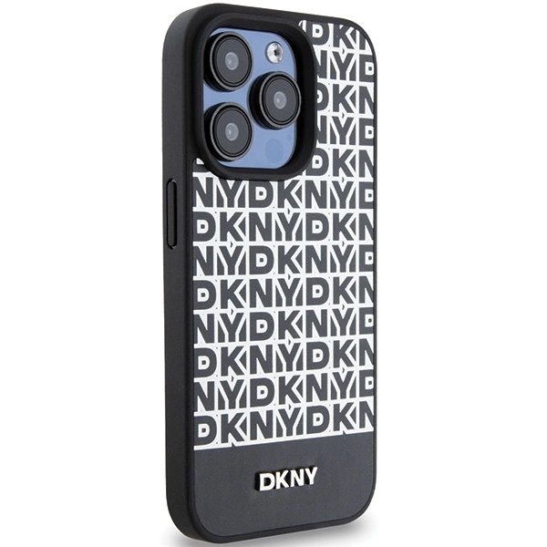 DKNY Leather Printed Pattern Metal Logo MagSafe Case for iPhone 15 Pro - Blackeng