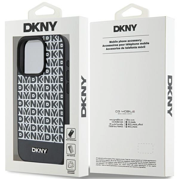 DKNY Leather Printed Pattern Metal Logo MagSafe Case for iPhone 15 Pro - Blackeng