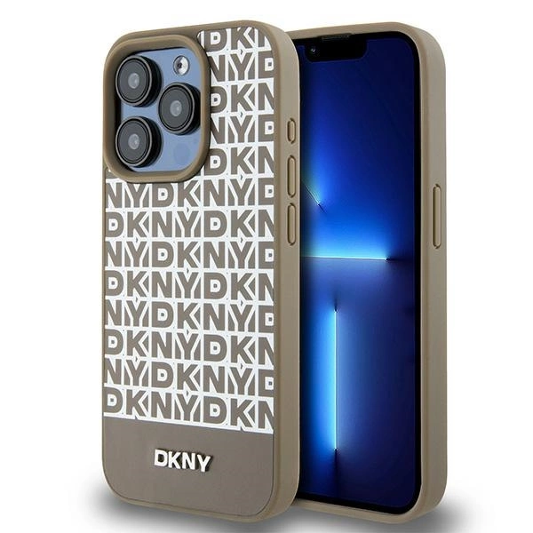 DKNY Leather Printed Pattern Metal Logo MagSafe Case for iPhone 15 Pro - Browneng