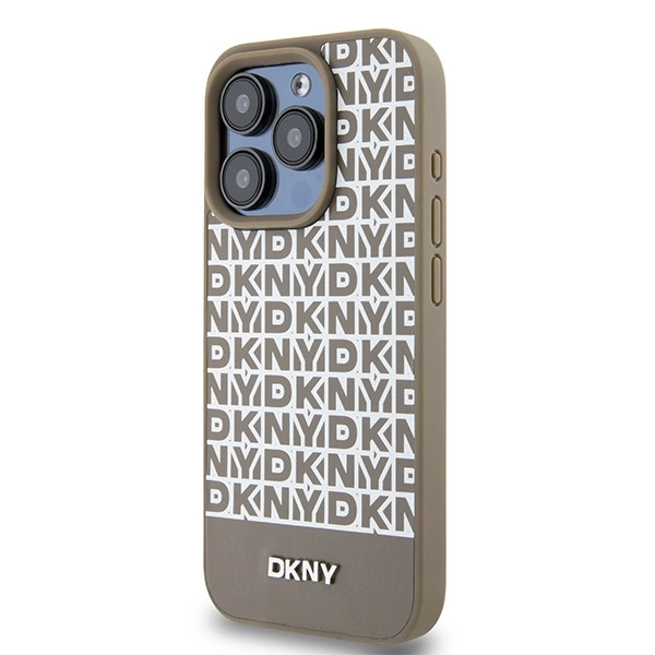 DKNY Leather Printed Pattern Metal Logo MagSafe Case for iPhone 15 Pro - Browneng