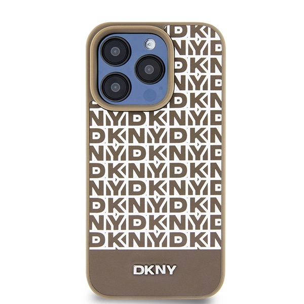 DKNY Leather Printed Pattern Metal Logo MagSafe Case for iPhone 15 Pro - Browneng