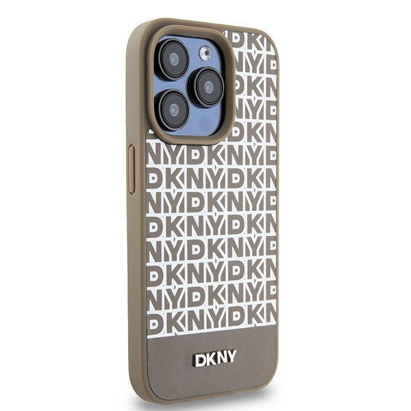 DKNY Leather Printed Pattern Metal Logo MagSafe Case for iPhone 15 Pro - Browneng