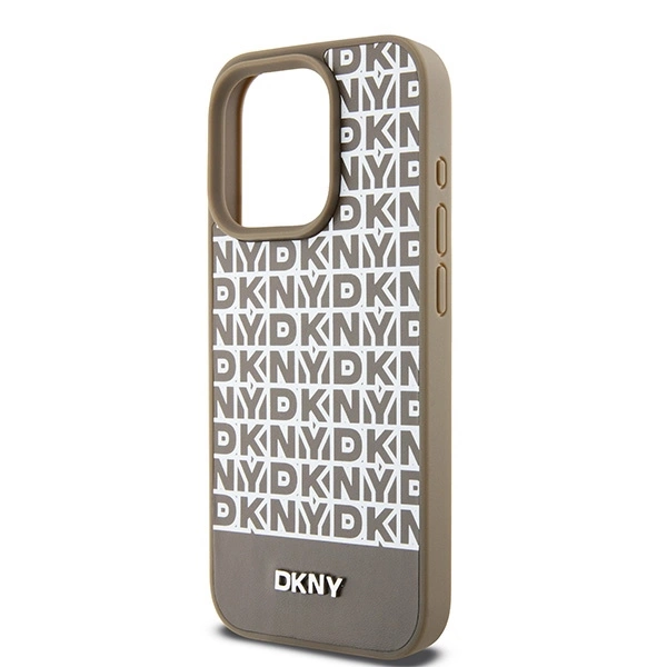 DKNY Leather Printed Pattern Metal Logo MagSafe Case for iPhone 15 Pro - Browneng