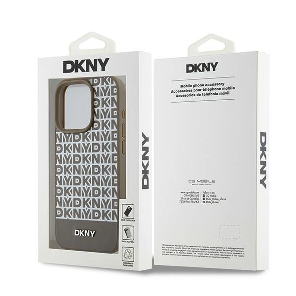DKNY Leather Printed Pattern Metal Logo MagSafe Case for iPhone 15 Pro - Browneng