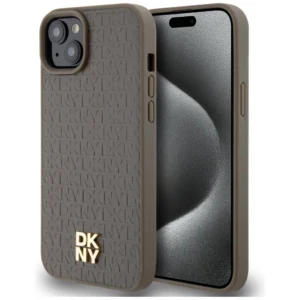 DKNY Leather Pattern Metal Logo MagSafe Case for iPhone 15 Plus / 14 Plus - Browneng