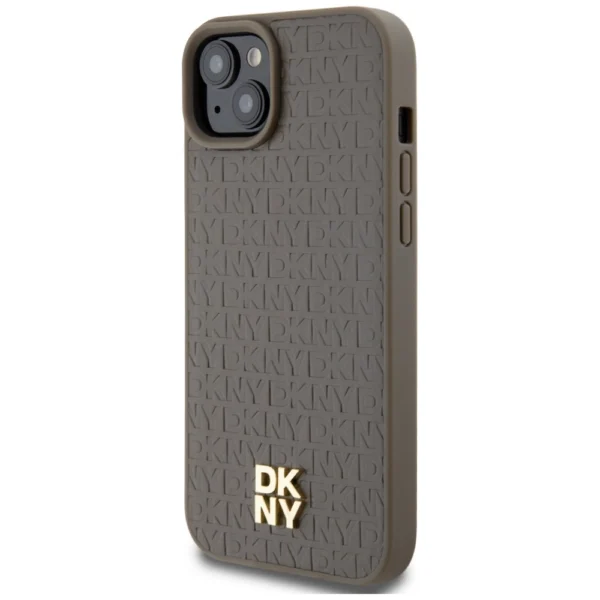 DKNY Leather Pattern Metal Logo MagSafe Case for iPhone 15 Plus / 14 Plus - Browneng
