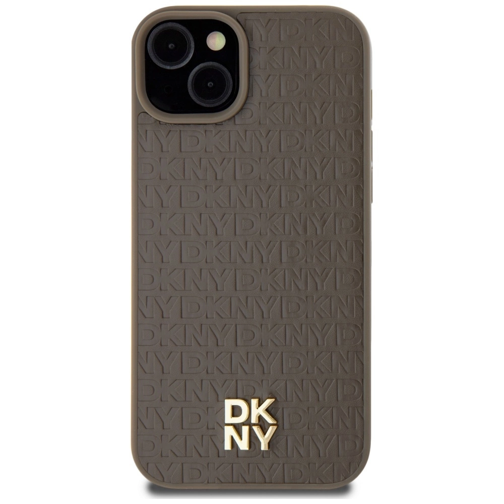 DKNY Leather Pattern Metal Logo MagSafe Case for iPhone 15 Plus / 14 Plus - Browneng