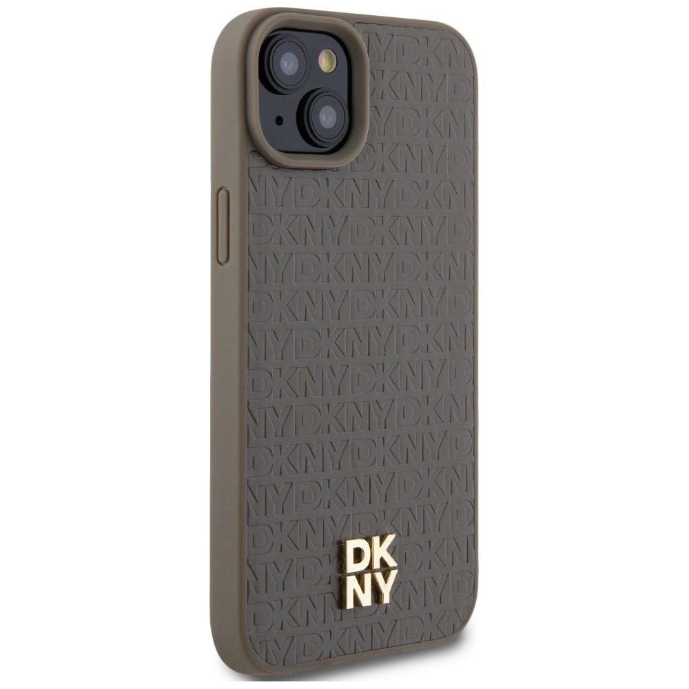 DKNY Leather Pattern Metal Logo MagSafe Case for iPhone 15 Plus / 14 Plus - Browneng