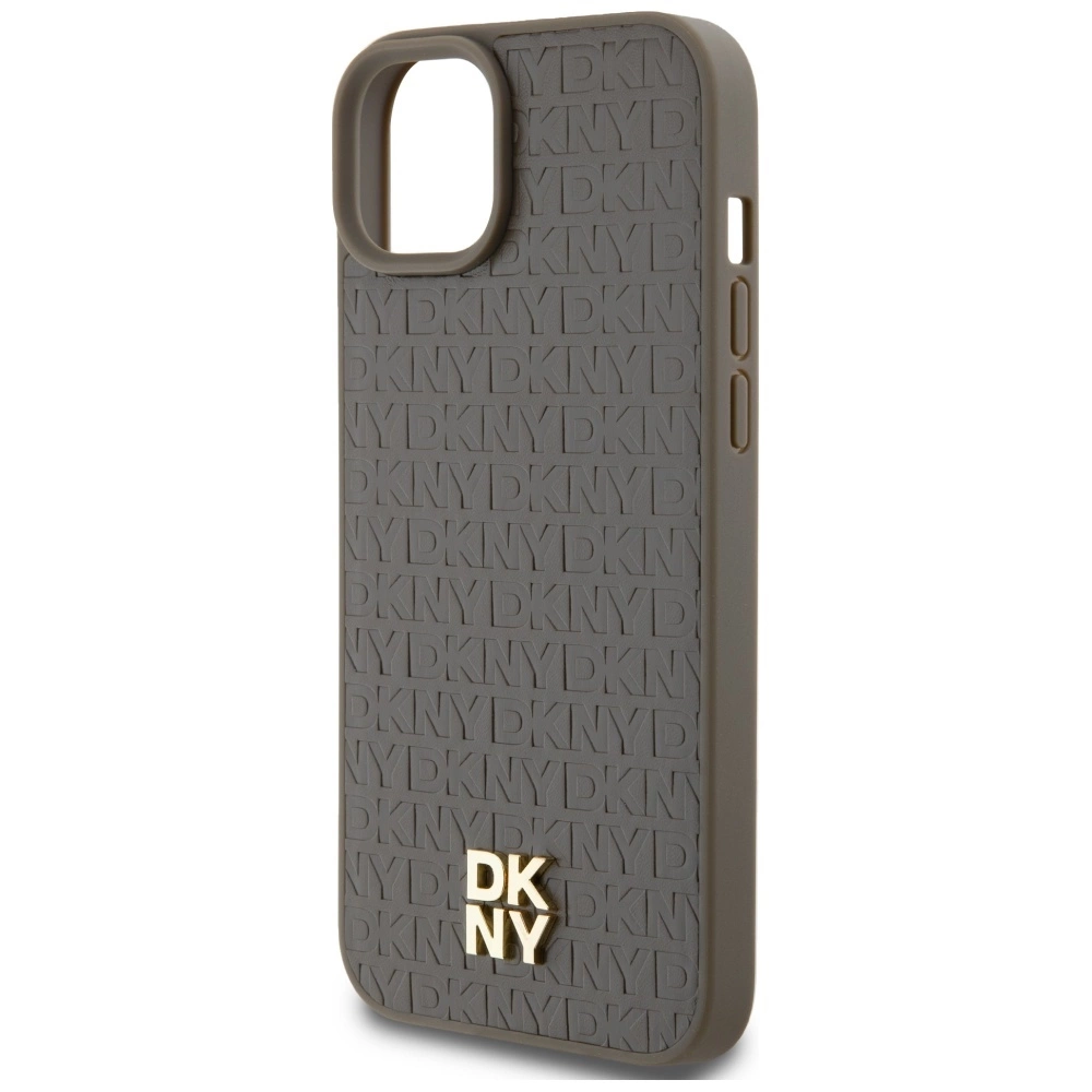 DKNY Leather Pattern Metal Logo MagSafe Case for iPhone 15 Plus / 14 Plus - Browneng
