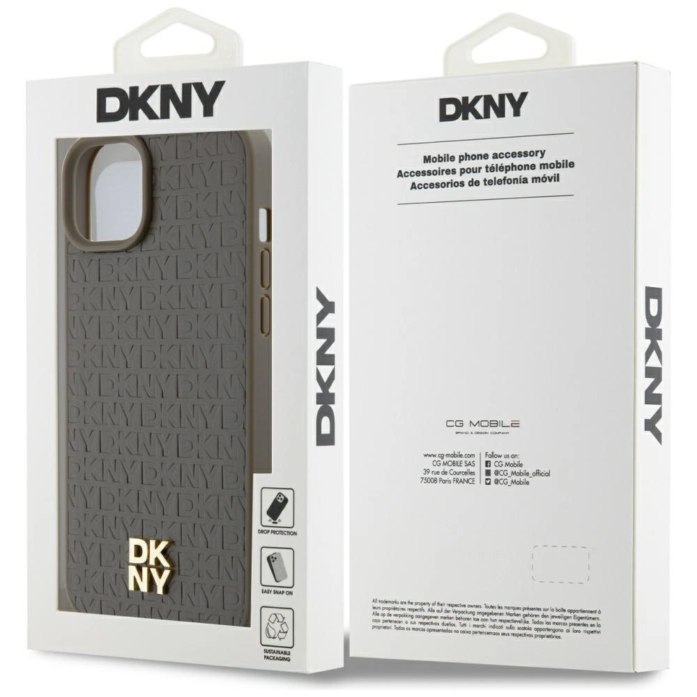 DKNY Leather Pattern Metal Logo MagSafe Case for iPhone 15 Plus / 14 Plus - Browneng