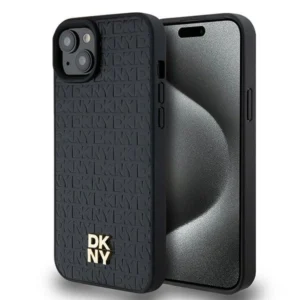 DKNY Leather Pattern Metal Logo MagSafe Case for iPhone 15/14/13 - Blackeng