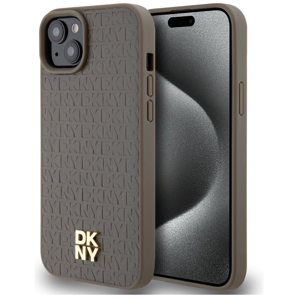 DKNY Leather Pattern Metal Logo MagSafe case for iPhone 15 / 14 / 13 - browneng