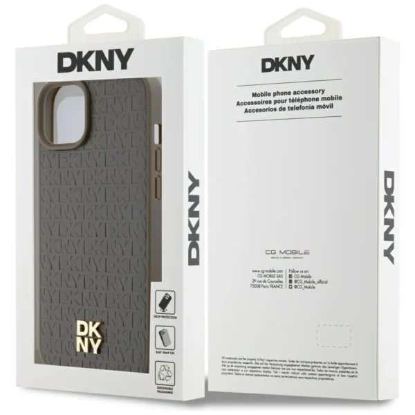 DKNY Leather Pattern Metal Logo MagSafe case for iPhone 15 / 14 / 13 - browneng