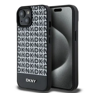 DKNY Leather Printed Pattern Metal Logo MagSafe Case for iPhone 15/14/13 - Blackeng
