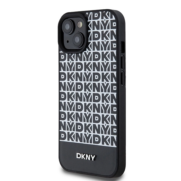 DKNY Leather Printed Pattern Metal Logo MagSafe Case for iPhone 15/14/13 - Blackeng