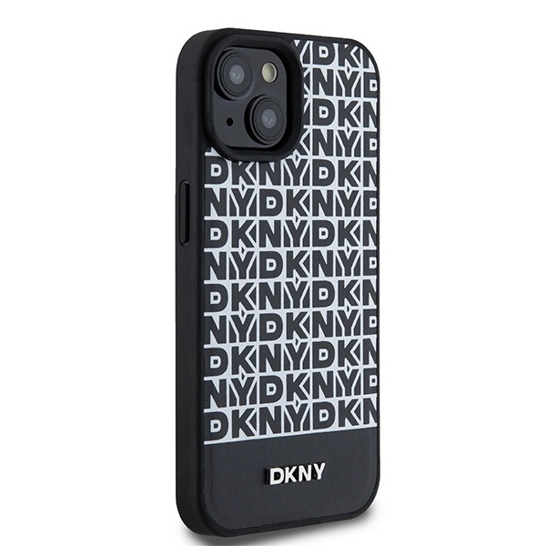DKNY Leather Printed Pattern Metal Logo MagSafe Case for iPhone 15/14/13 - Blackeng